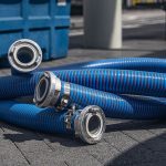 Blauer industrieller Saugschlauch mit Metallkupplungen auf einer Betonoberfläche
